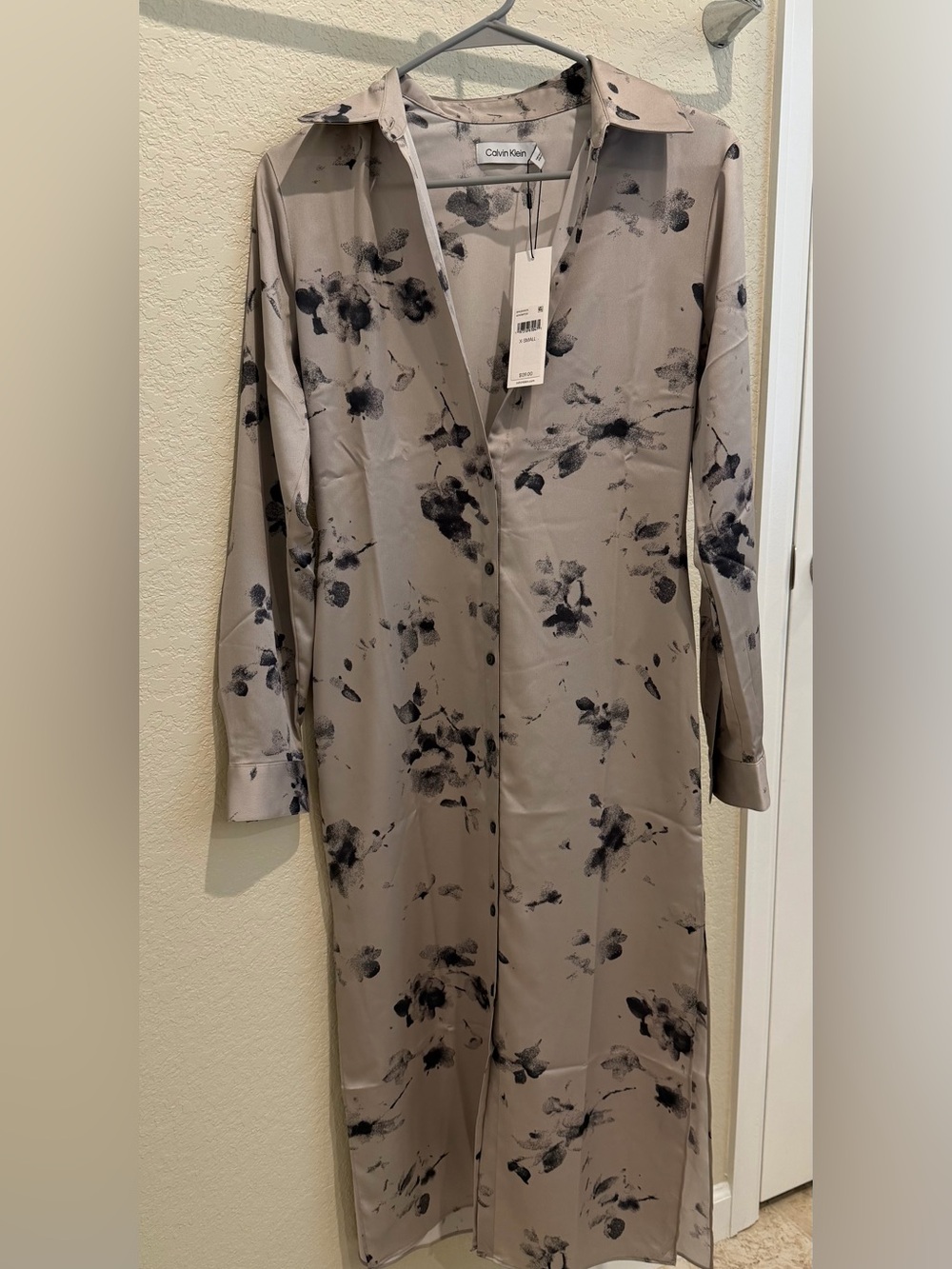 Calvin Klein Taupe Long-Sleeve Floral Print Shirt Dress